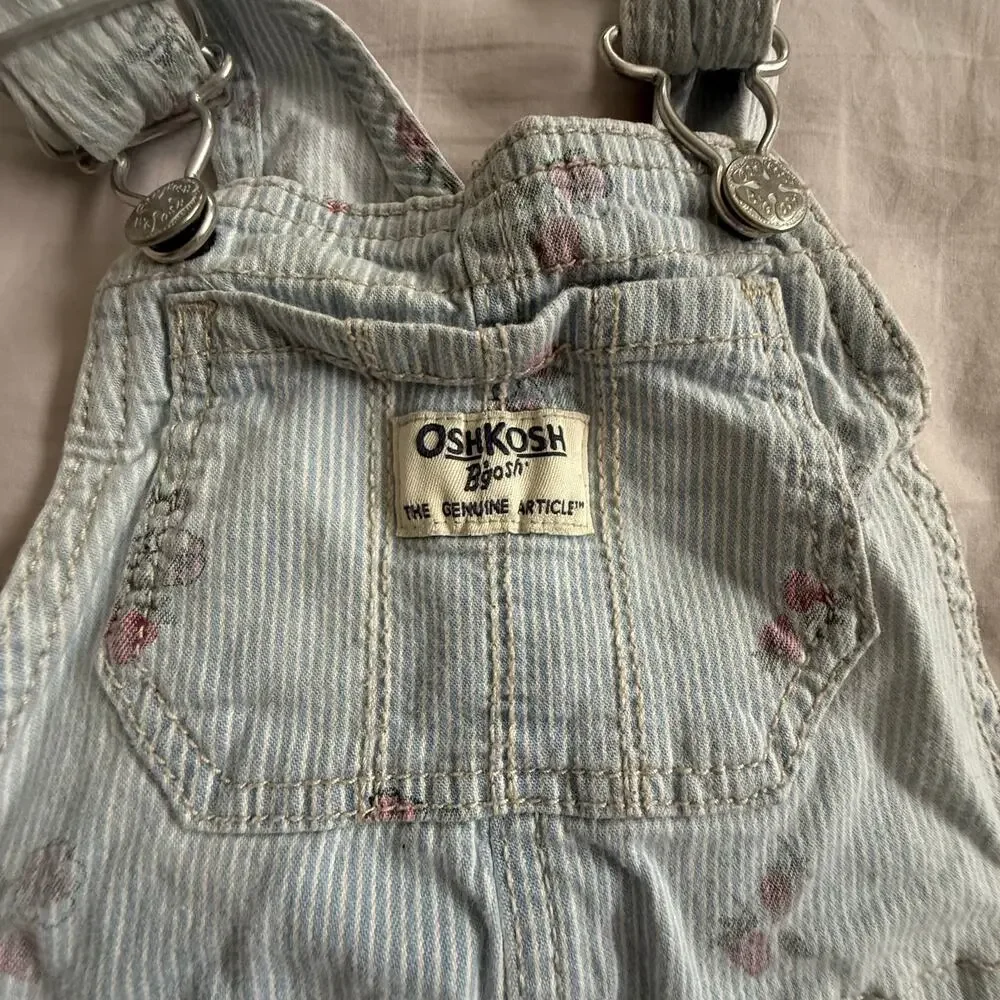 OshKosh Shortalls Overalls Girl 18 Months Light Blue Engineer Stripe Floral Pink